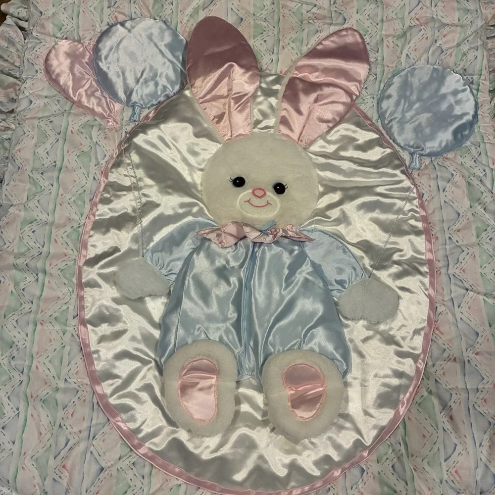 Vtg Lambs & Ivy Bunny Balloons Appliqué Hearts Crib Quilt Sheet~Blue Pink White